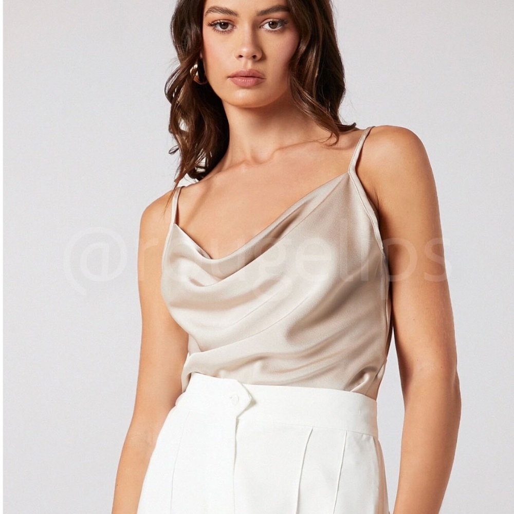 Beige Glamorous Cowl Neck Spaghetti Straps Camisole Top Cami, Draped